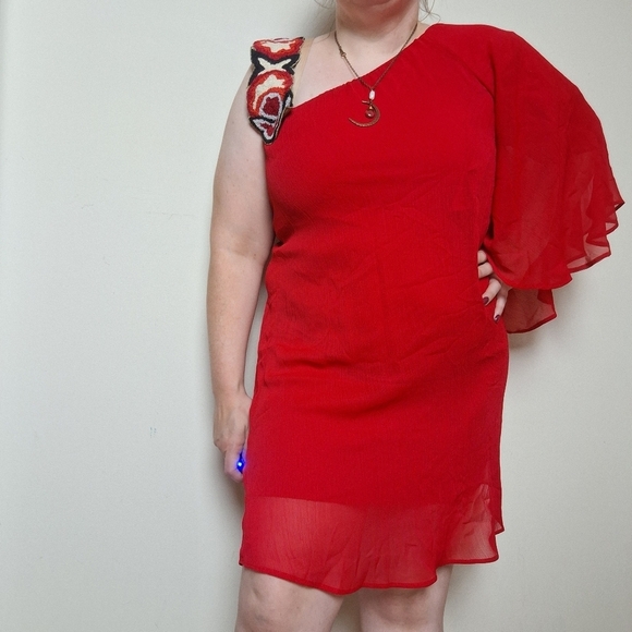 Judith March Red Embroidered One-shoulder Dress - Picture 1 of 7
